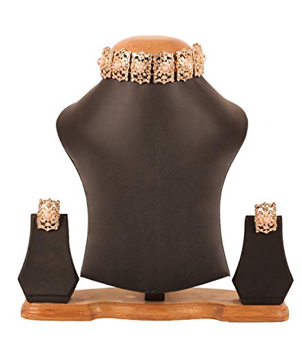 Image of Touchstone Mughal Jali Collection Gold Tone Indian Mughal Bollywood White Diamante Jewelry Choker Set for Women