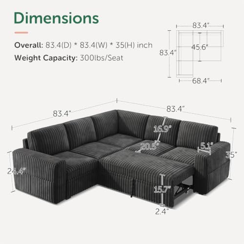 Image of HONBAY Modular Sectional Sleeper Sofa with Pull Out Bed,Corduroy L Shaped Couch with Storage, Sectional Couches for Living Room,Dark Grey