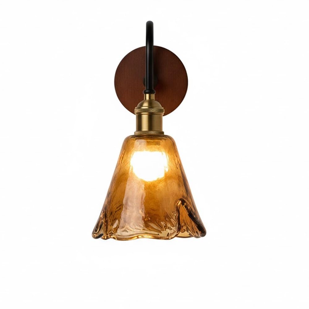 NHPJFDC Vintage Industrial Wall Sconce, Rustic Bronze Gooseneck Fixture with Amber Textured Glass Bell Shade & Wooden Backplate, Decorative Light for Bedroom, Bathroom Vanity, Hallway.