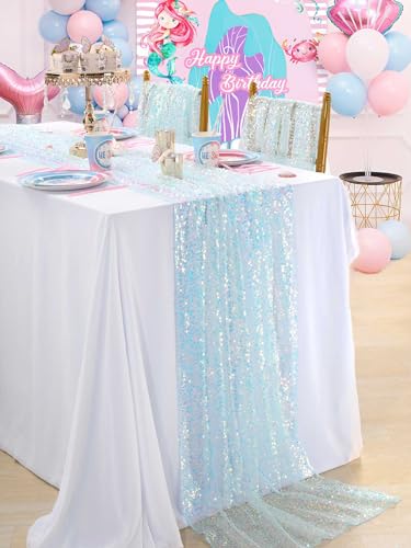 Chemin de table à paillettes bleues irisé pour table rectangulaire bébé requin de fête - 5