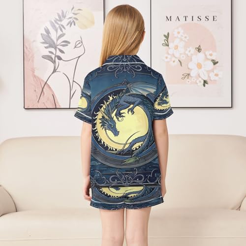 ALAZA Dragon Moon Blue Satin Pajamas Set Short Sleeve Button Down Sleepwear Summer Pjs 2 Piece4