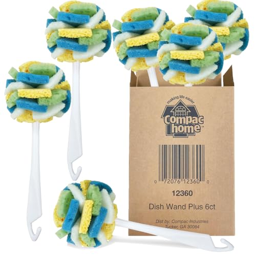 Compac Home Dish SpongeWand Plus Tri Surface Scrubbing Sponge with Cello Foam Scour Sponge Petals, Cleans Dishes, Glassware 360 Scrubber Pads for Tough to Clean Pots Pans, Multi-Color, (Pack of 6)
