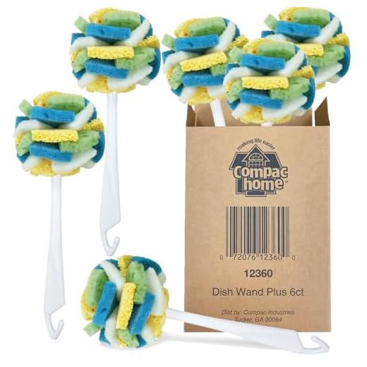 Compac’s Dish SpongeWand Plus Tri Surface Scrubbing Sponge with Cello Foam Scour Sponge Petals, Cleans Dishes, Glassware 360° Scrubber Pads for Tough to Clean Pots Pans, Multi-Color, (Pack of 6)
