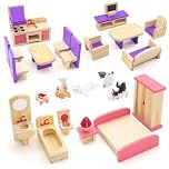 25PCS Wooden Doll House Furniture Set,Realistic Dollhouse Accessories with Bedroom,Living Room,Dining Room Accessories,Mini Cats for Pretend Play Educational Toys for Girls Boys Children Toddlers 3+