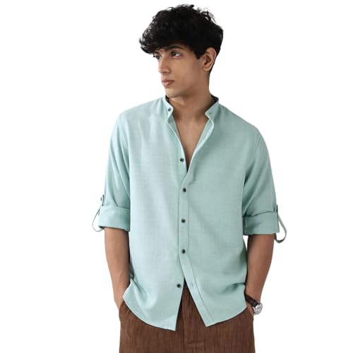 Image of Urbano Fashion Men's Linen Blend Full Sleeve Relaxed Fit Mandarin Collar Casual Solid Shirt