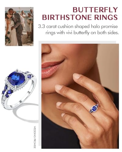 DAYBYDAY Butterfly Birthstone Rings for Women, 925 Sterling Silver Created Gemstone 5A Cubic Zirconia Cushion/Marquise Engagement Ring, 2ct Halo Promise Rings for Her Anniversary Wedding Jewerly2