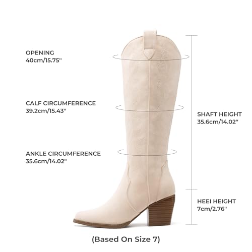 DREAM PAIRS Womens Cowboy Boots Wide Calf Comfortable Pull On Zipper Chunky Heel Pointed Toe Embroidered Western Cowgirl Knee High Boots Ladies Retro Tall Boot,Size 7.5,Beige,SDKB224W