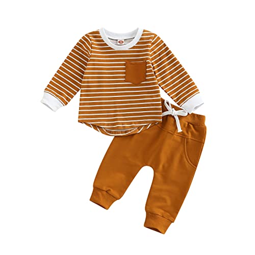 Rtnnsbbfcm Baby Boy Spring Fall Clothes Long Sleeve Striped Front Pocket Shirt Top Sweatpants 2Pcs Casual Outfit (6-12 Months,Caramel Striped) #TOP13