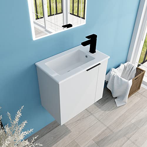 HAALVDE 22 Inch Small Bathroom Vanity with Sink, 22" Floating Vanity for Small Space, Plywood Wooden Cabinet with Ceramic Basin Sink, Modern Wall Mounted Cabinet Set, Soft Close Door