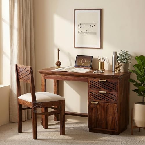 Image of NSH Solid Sheesham Wood Study Table with Chair | Wooden Writing Desk with Drawer & Door Storage | Pre-Assembled Computer Desk Workstation for Home Office & Study Room | Teak Finish