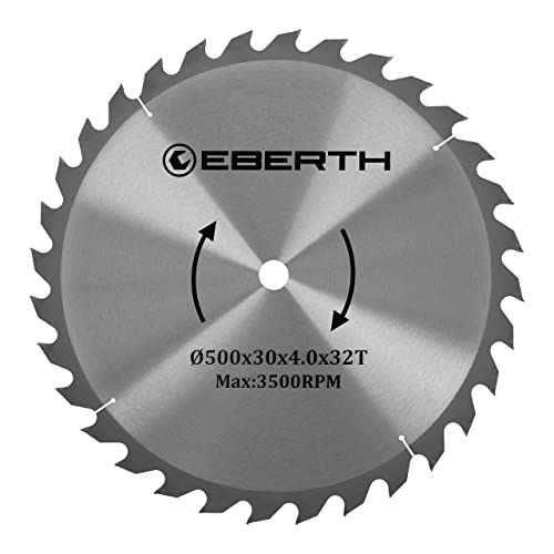 EBERTH Lame de Scie Circulaire en Acier avec Dents en Carbure pour la Coupe du Bois (Diamètre 500mm, Alésage 30mm, Épaisseur de la Lame 3.0mm, Largeur de Coupe 4.0mm, 32 Dents, RPM Max. 3500)