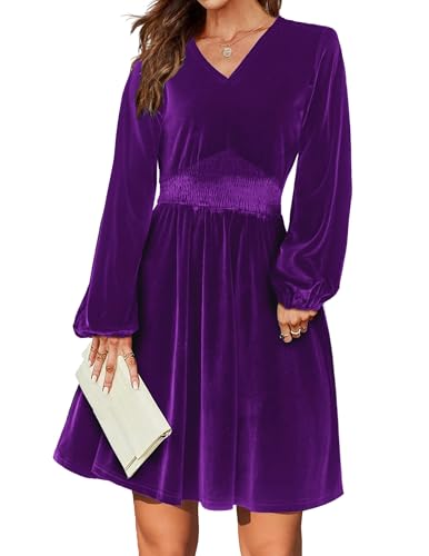 Zeagoo Vestidos de Terciopelo para Mujer Vestidos de Cóctel Festivo Vestidos Vintage Elegantes Vestidos de Noche con Cuello en V hasta la Rodilla Mini Vestidos de Bola Morado XL