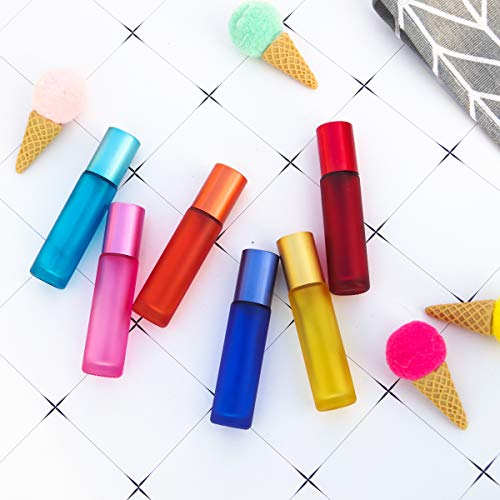 Mollensiuer 8Pcs 10Ml(1/3Oz) High-Grade Colorful Frosted Roll On Bottles Thick Glass Massage Roller Bottles Tube Vials Containers For Essential Oils, Aromatherapy, Perfumes And Lip Balms+ 1Pc 3Ml Dropper #TOP4