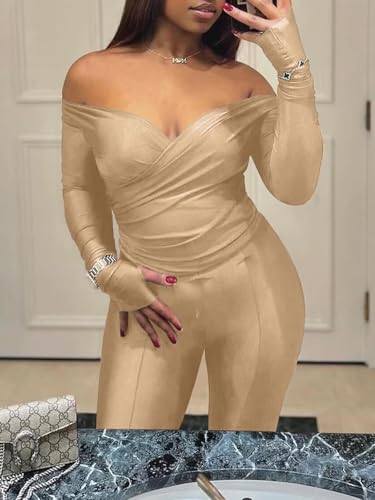 acelyn Women's Two Piece Pant Sets Long Sleeve Fall Outfits Sexy Off Shoulder Party Clothes Khaki M