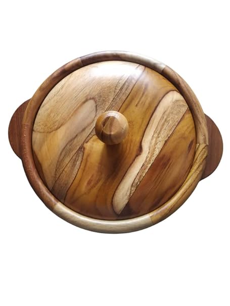 Mishrit Wooden Round Casserole with Tong (1900 ml, Brown)