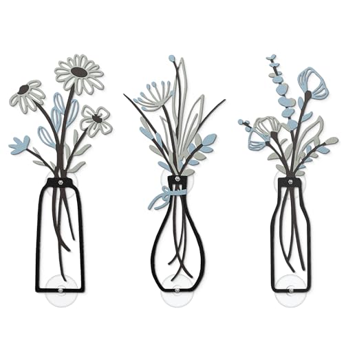 ZHIWUJIA 3 Pieces Metal Flower Wall Decor - Boho Floral Metal Wall Art Hanging Sculpture with Self-Adhesive Stickers for Bedroom Bathroom Living Room Dining Room, Rustic Farmhouse Home Decor, Perfect Housewarming Gift, Grey