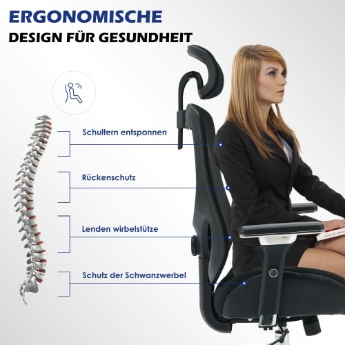 Silla de oficina ergonómica con capacidad de carga de 230 kg para personas altas, silla giratoria de malla de altura ajustable con reposabrazos 4D, soporte lumbar, para oficina en casa y