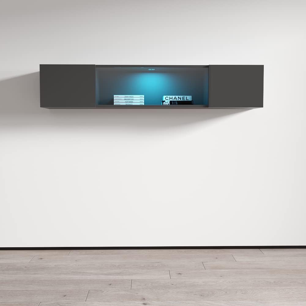 Meble Furniture Floating Media Cabinet Type-52 — Modern Wall-Mounted Storage with LED Lighting — High Gloss Finish, 47.2 x 11.8 x 15.7 inches — Grey