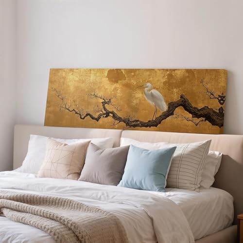 Décoration murale chinoise grand format, estampe grues dorées et aigrettes de style Japandi