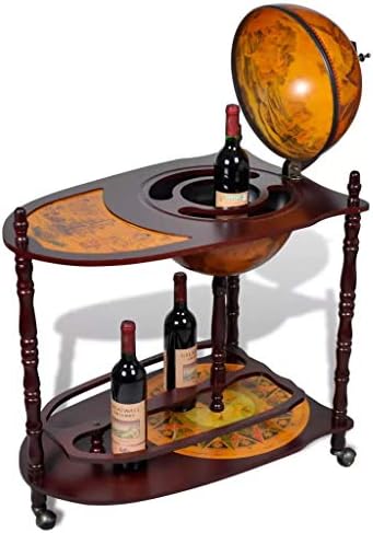 Globe Bar Trolley, Wood Wine Stand Freestanding Old Nautical Map Drinks Table Cabinet Retro Style Host 77 x 45 x 99 cm