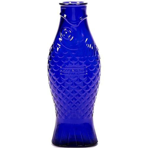 Caraffa in vetro per acqua | Collezione Fish&Fish di Paola Navone | Caraffa 850ml | Bottiglia trasparente blu scuro per bevande | Adatto come vaso