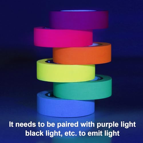 6 Rollen Neon Klebeband - UV Schwarzlicht Reaktives Fluoreszierendes Klebeband - 15mmx5m Reflektierendes Fluoreszierendes Gaffer Tape Neon für Bühnenwanddekoration, Partybeleuchtung, Kinderbasteln DIY