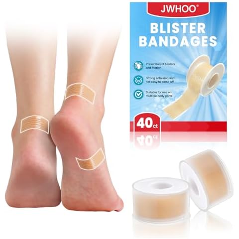 JWHOO Blister Tapes Pads Cushions - 2 Rolls (40 ct), Strong Self-Adhesive Heel Pads, Soft, Durable & Waterproof, Ideal for Foot, Toe, Heel Friction Blister Prevention Cover