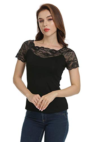 Mujeres Elegante Camisetas Manga Corta Blusas de Encaje Flores Lace Camisas T-Shirt Cover