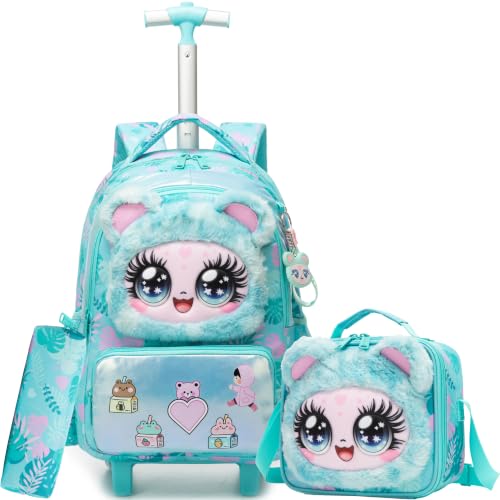 ZBAOGTW Mochila com rodinhas para crianças de 8 a 12 anos, Pelúcia 3D fofa verde