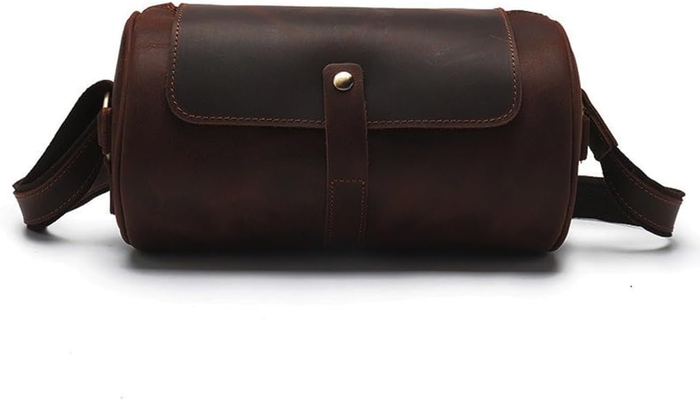 Vintage Crazy Horse Leather Men's Bag Cylinder Cowhide Crossbody Shoulder