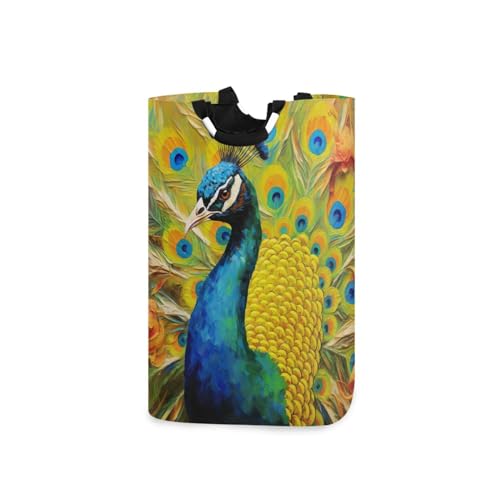 Jihqo Laundry Hamper Basket Peacock Painting Collapsible Nursery Storage Bin Waterproof Clothing Baskets for Home Bedroom Bathroom Washing Room