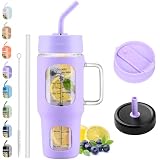 NOLOGLAZIC Glass Tumbler With Straw and 2 Lids, 32oz Glass Tumbler With Handle, Iced Coffee Cup With Silicone Sleeve, Glass Water Bottle With Time Marker, Glass Tumbler for Home Office, Purple