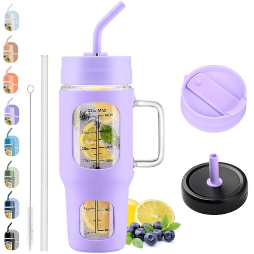 NOLOGLAZIC Glass Tumbler With Straw and 2 Lids, 32oz Glass Tumbler With Handle, Iced Coffee Cup With Silicone Sleeve, Glass Water Bottle With Time Marker, Glass Tumbler for Home Office, Purple
