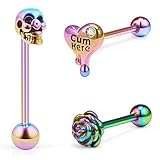 Vsnnsns 14G Tongue Piercing Jewelry - Heart & Skull Tongue Rings for Women & Men, Rainbow 16MM