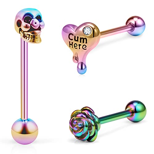 Vsnnsns 14G Tongue Piercing Jewelry - Heart & Skull Tongue Rings for Women & Men Rainbow 16MM