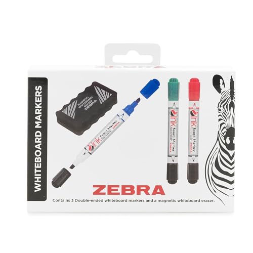 Image of Zebra Whiteboard Markers Dry Wipe Pens Plastic Barrel Fine Tip Assorted Colours Magnetic Eraser 3mm Nib Whiteboard Pens for Office School Home Business Boards Teaching Writing Planner Use Pack of 3