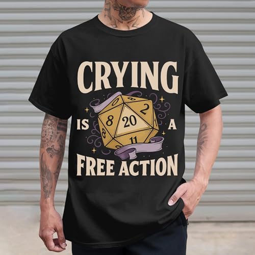 Crying Free Action Shirt for Men - Roll D20 Side Quests Shirts - Dungeon Side Quests Tshirt - RPG Graphic Tee - Dide 20 Roll for Concentration Game Tshirts Men - Gamer Men Gifts (Black-L)