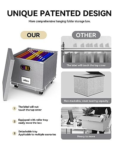 Oterri Filing Box, 2 Pack File Boxes, Rolling File Carts with Wheels,Portable File Box with Lid for Letter Size Folders,Easy Slide Durable Hanging File Organizer for Office/Decor/Home,No Folders,Gray - Thumbnail 3