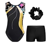 LiiYii Mädchen Gymnastik Ensemble Mit Strass Glitzer Und Haargummi Sowie Tanz Shorts Für Wettbewerb Ballett Eiskunstlauf Kinderaufführung Jahre Gelb Schwarz 122-128