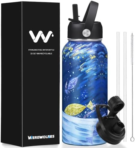WEREWOLVES 32oz Personalized Insulated Water Bottle with Straw & Spout Lid, Stainless Steel Metal Bottles, Vacuum Leak Proof Wide Mouth Bottles for Adults (Marine Fish Stocks-without Handle, 32oz)
