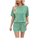 Co Ord - Conjunto de chándal corto de punto acanalado para mujer, manga corta, cuello redondo, pantalones cortos con cordón, ropa de descanso, casual, de 2 piezas, verde, M