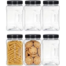 Square Plastic Jars with Lids - 6 Pack 60 Oz Clear Food Storage Containers for Pantry & Dry Goods, Easy Grip Handles, BPA-Free Airtight Kitchen Canisters for Cookies, Rice & Bulk Storage