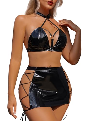 ADSEXY Lingerie Set for Women Leather Bondage Bodysuit Sexy Babydoll