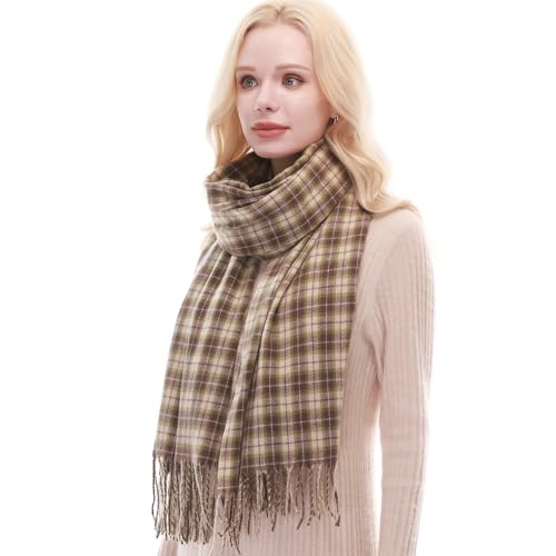 RIIQIICHY Plaid Scarf for Women Fall Winter Pashmina Scarves Wraps for Cold Weather Warm Large Brown/Green/Cream