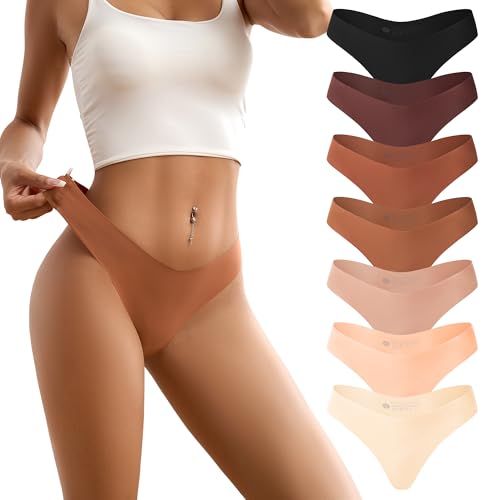 Image of DEANGELMON Seamless Thongs for Women No Show Thong V-waisted Underwear Women Comfy Multiple Pack