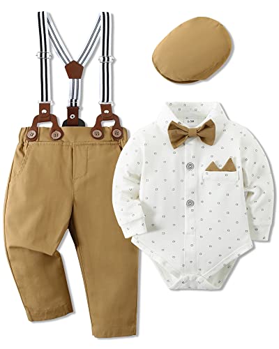 Image of WESIDOM Baby Boy Clothes 0-18M Newborn Infant Gentleman Outfit, Shirt+Bowtie+Beret+Suspender Pant Baby boy Suit Clothing Set