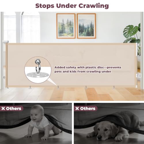 Image of 96 inch Retractable Baby Gate, Long Mesh Dog Gate for Garage Deck Porch | Strong Suction Disc Prevent Crawling Under, 34 inch Tall Child Safety Gate for Large Openings, Indoor Outdoor Use, Beige