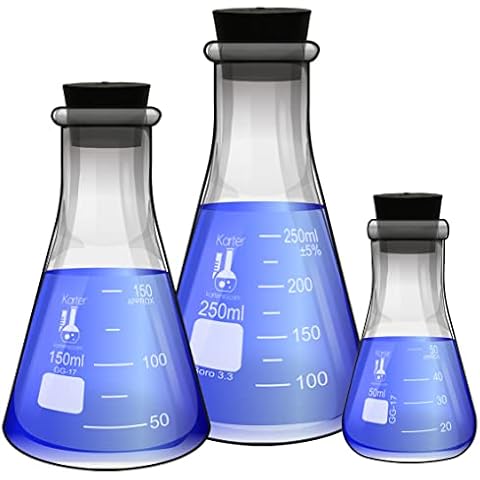 Glass Erlenmeyer Flask Set with Rubber Stoppers - 3 Sizes - 50, 150 and 250ml, Karter Scientific 214U8 Cover