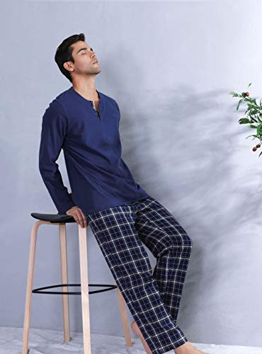 David Archy Men's Cotton Pajamas Henley Collar Sleepwear Soft Classic Button-Down Woven Long Sleeve Set (L, Navy Blue-Navy Blue Grid) #TOP4