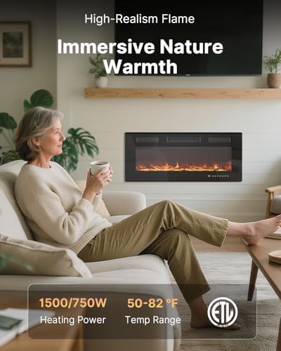 Electric Fireplace 40 Inch with 3 Remotes, Recessed or Wall Mounted Electric Fireplace Insert with 15 Flame Colors & 6 Adjustable Speeds, 1500/750W Linear Fireplace Heater, 12H Timer, Log & Crystal - Thumbnail 3